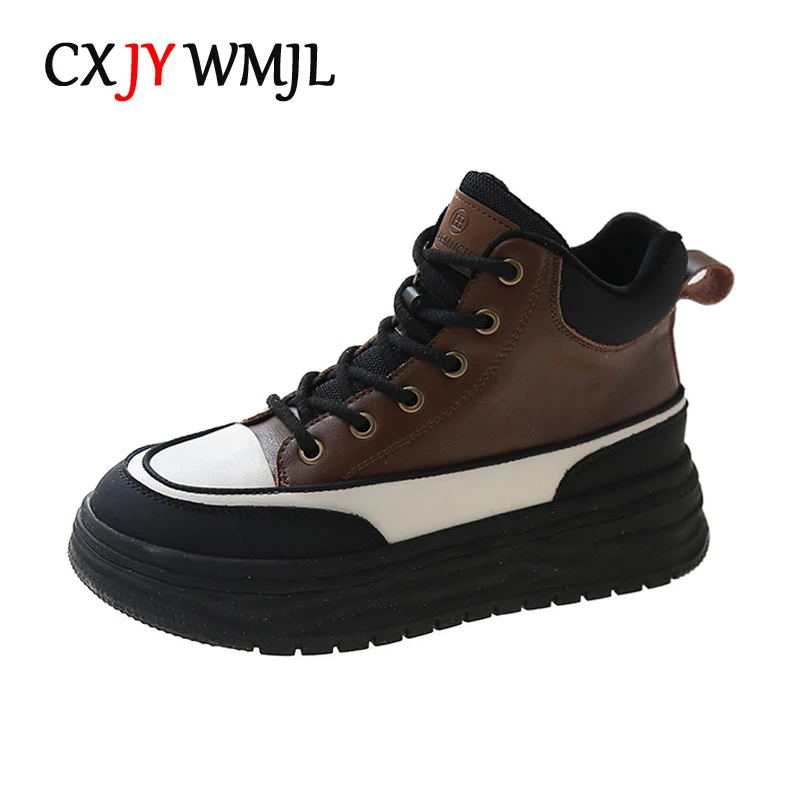

CXJYWMJL Genuine Leather Women Plush Sneakers Autumn Winter Platform Casual Vulcanized Shoes Ladies High top Thick Bottom Skate