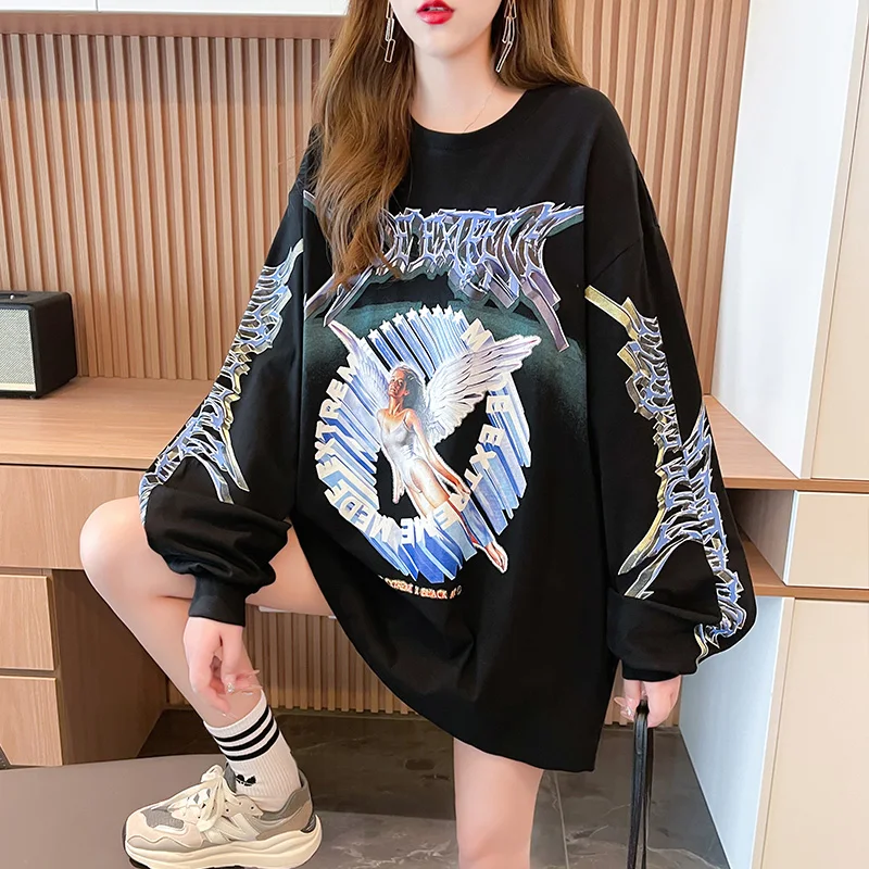 

High Street Hip Hop Oversized Sweatshirt Fall Woman Casual Fashion Angel Print Harajuku Loose Pullover Long Sleeve Cool Top