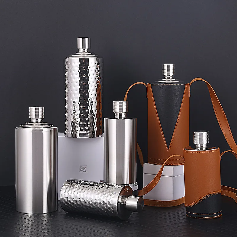 500ml 1000ml Large Capacity Leather Thickening 304 Stainless Steel Proof Kettle Pot Hip Flask Whiskey Wine Bottle Gifts