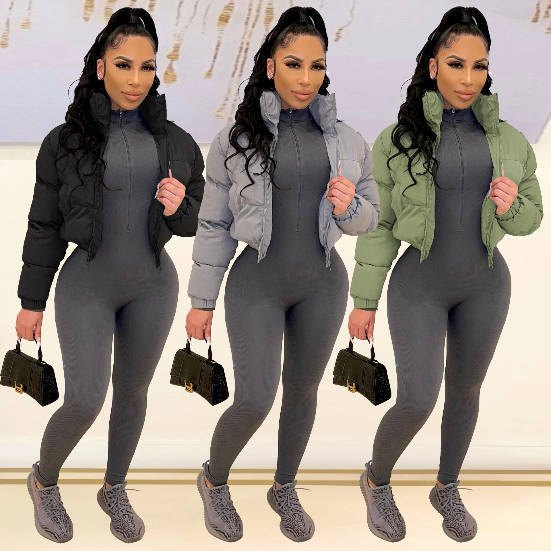 Bubble Puffer Coats Crop Jacket Fur Collar Casual Thick Warm Down Cropped Coat 2022 Women Y2K Clothes Streetwear Letter Jakcets