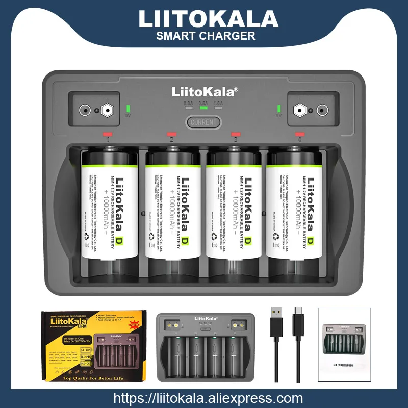 

LiitoKala Lii-D4 4 Slots D 26650 18650 21700 18500 14500 16340 22650 AA AAA C SC 3.7V 1.2V 9V Lithium NiMH Smart Battery Charger