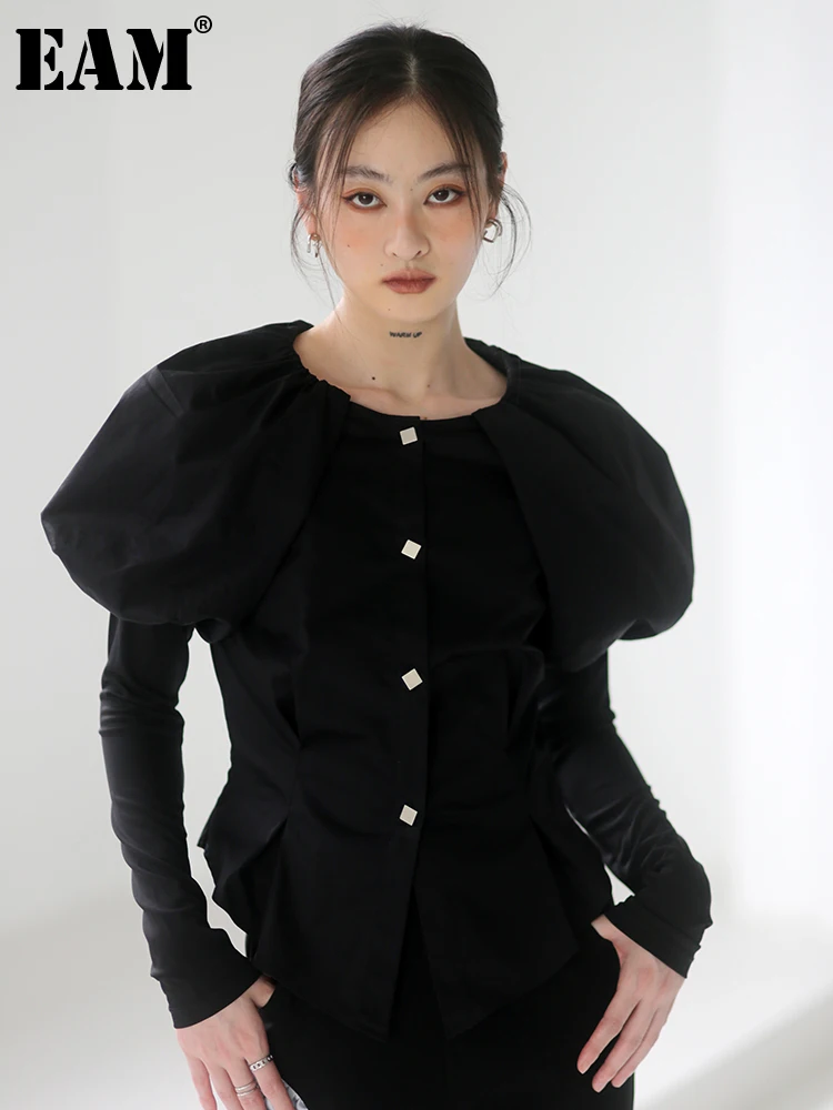 [EAM] Women Black Irregular Elegant Blouse New O-neck Long Sleeve Loose Fit Shirt Fashion Tide Spring Autumn 2023 1DF0730