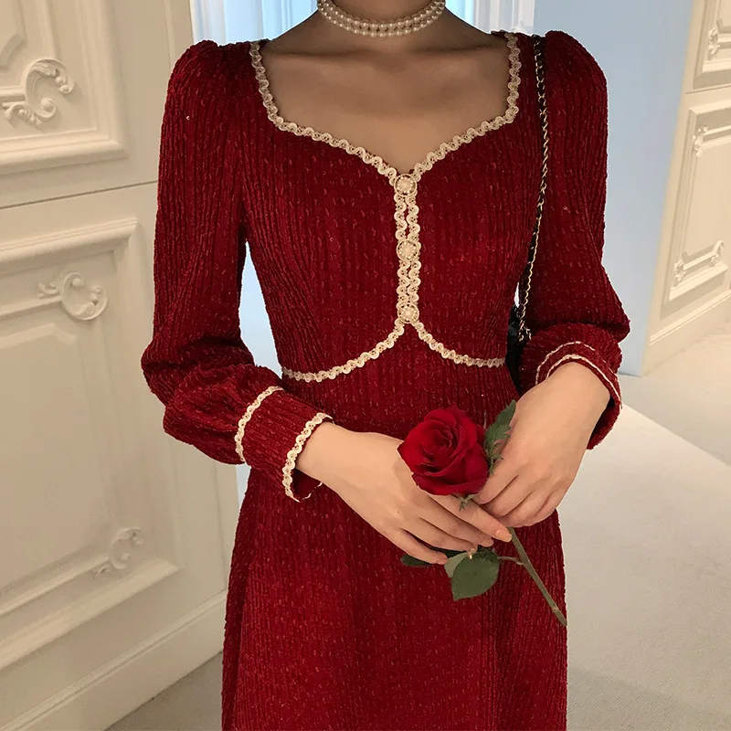 

3color French Winter Skirt with Coat Xiaoxiangfeng Senior Red Christmas Dress Women's Thickened Retro and Nude Skirt White Dress