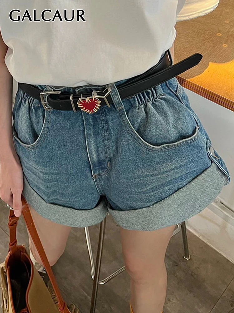 

GALCAUR Korean Fashion Straight Short Pants For Women High Waist Loose Solid Denim Shorts Female Summer Clothing Style New 2022