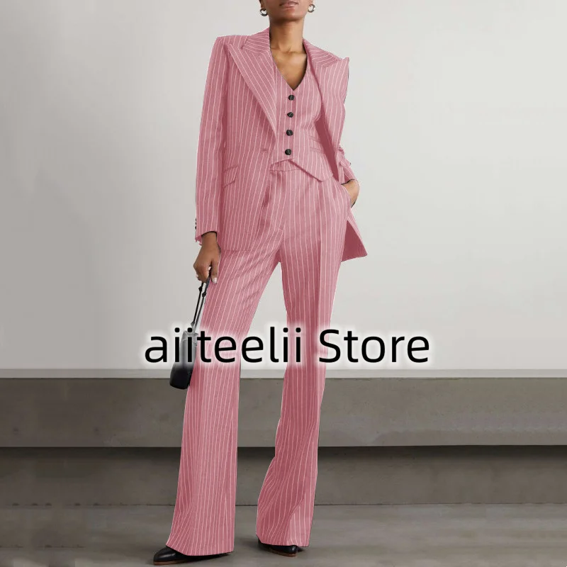 Women's Three-piece Suit Fashion Striped Slim Fit Lapel (Jacket + Vest + Trousers) Collar Single-breasted Suit for Business