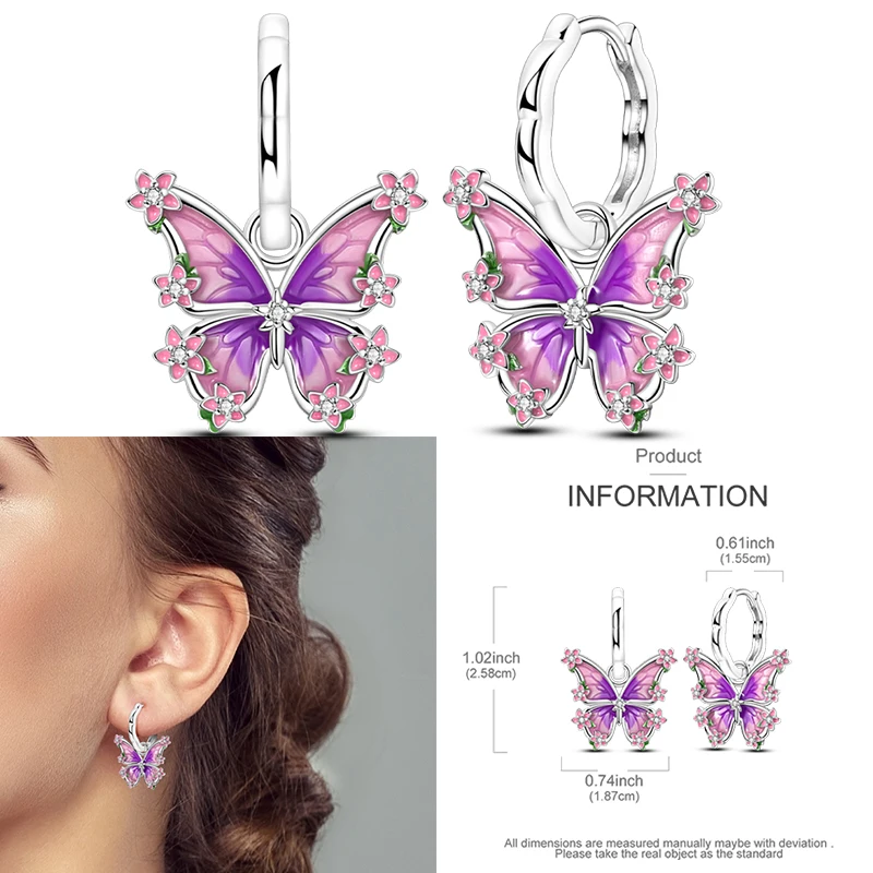 Серьги из серебра 925 фиолетовые с перьями и бабочкой