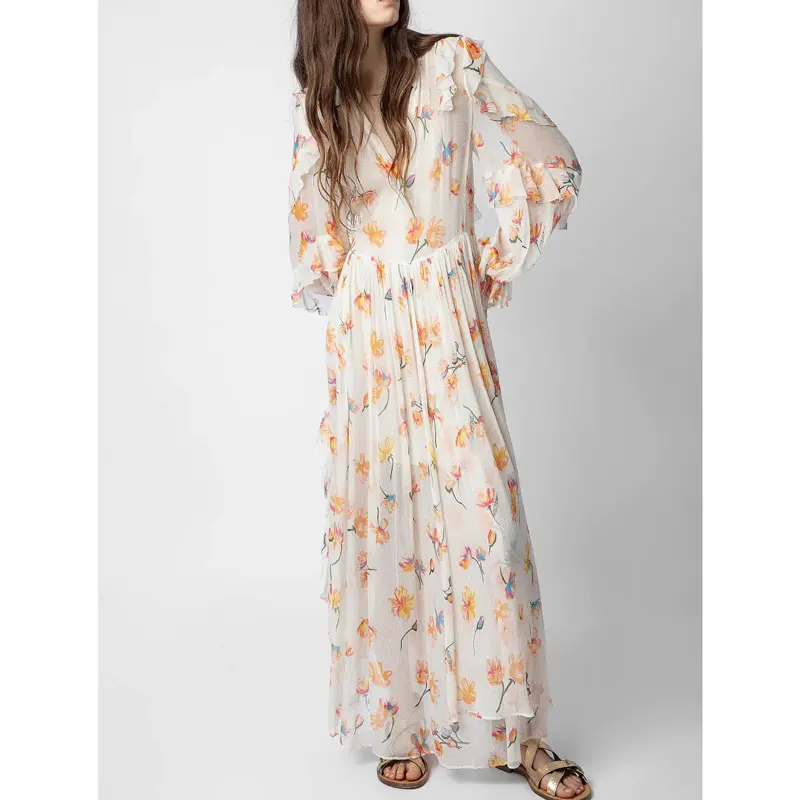 2023 Spring and Summer New Long-sleeved Loose Ruffled Floral Chiffon Long Dress Women