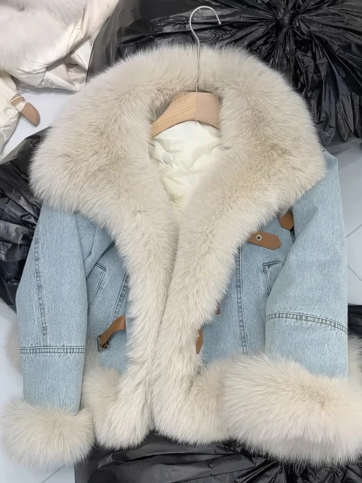 Корейская серия ретро темперамент большой меховой воротник джинсовая меховая