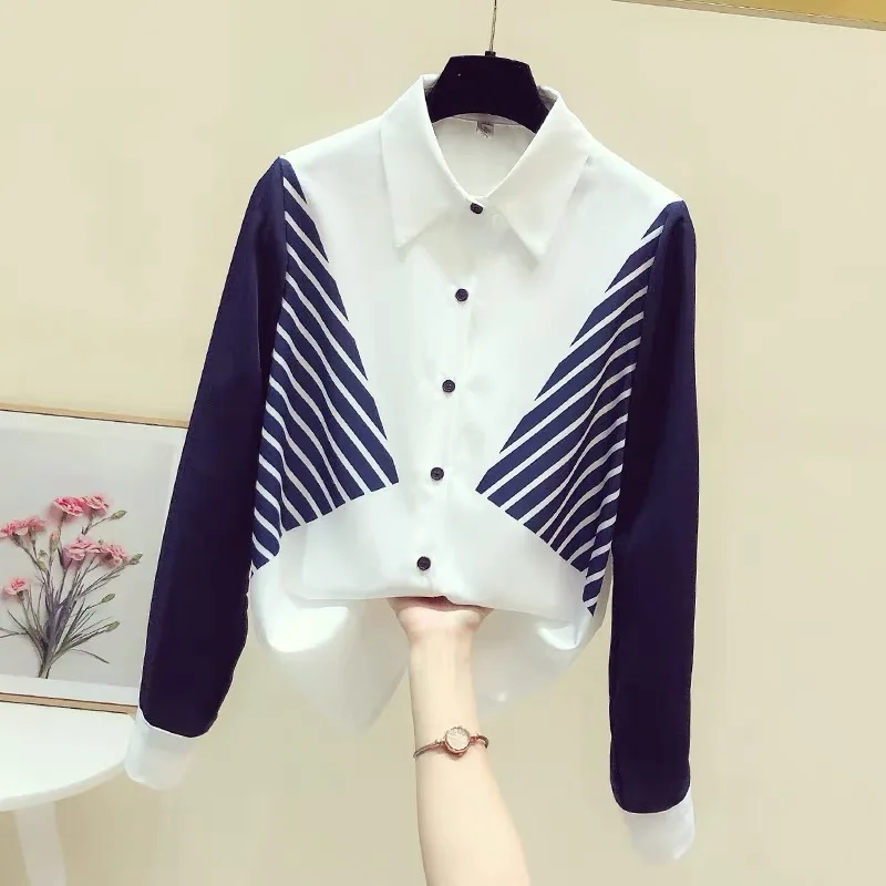 

Шифоновые женские блузки, новая модная рубашка-поло, повседневный Топ с длинным рукавом, комбинированная Летняя женская одежда, домашняя од...