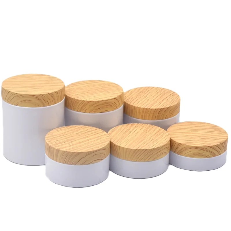 

50g 80g 100g 150g 250g White PET Plastic Jars Cosmetic Packaging Face Cream Jars False Wood Lid Body Scrub Refillable Pots 20pcs