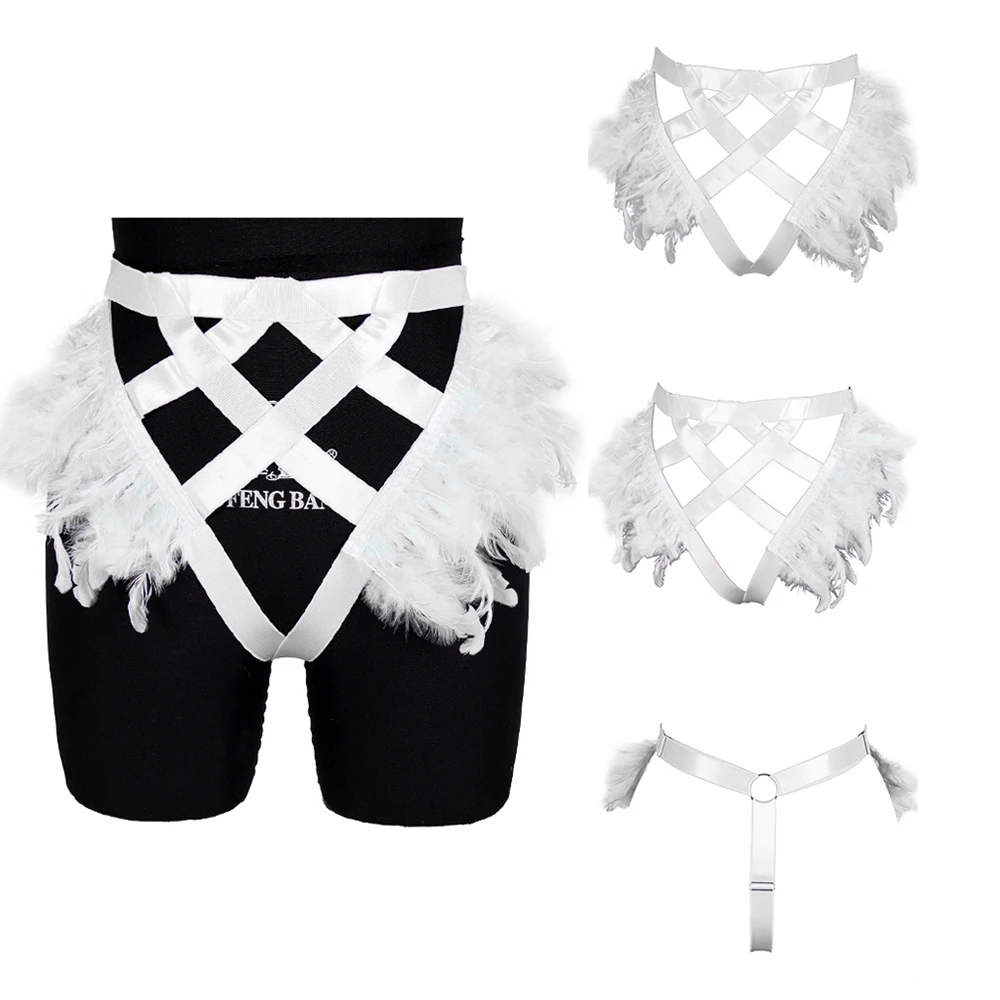 

Adult Party Dance Rave Wear Feather Thigh Garter Belt Goth Chest Stockings Suspenders Clothing Harness Sexy Women's underwear