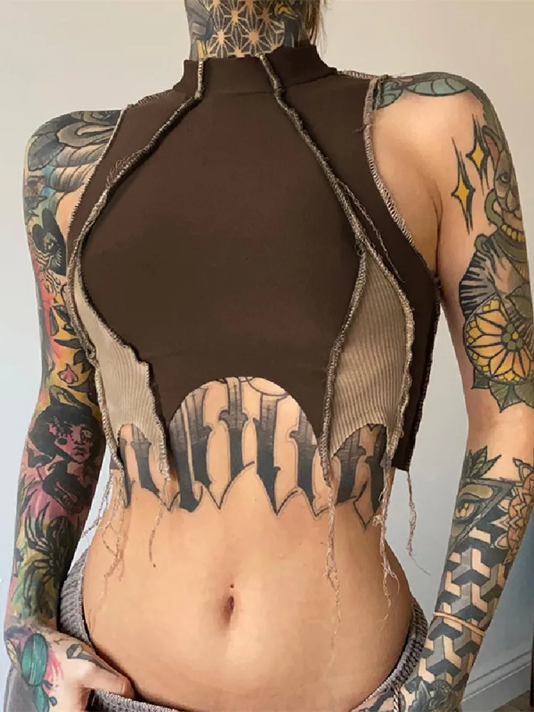 

O-Neck Sexy Chic Cropped Tank Tops Color Patchwork Irregular Hem Design Summer Trendy Slim Wild Hot Girls Navel Vest