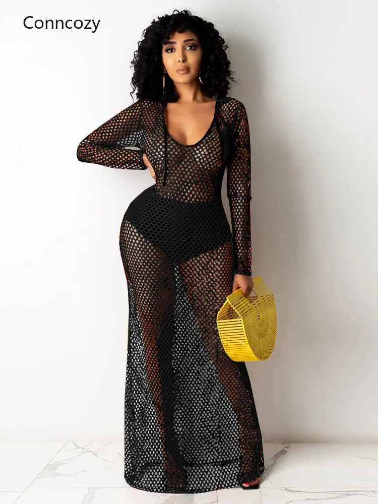 

Сетчатое ажурное богемное платье, женская одежда, летние прозрачные платья с капюшоном и длинным рукавом, винтажные женские пляжные платья,...