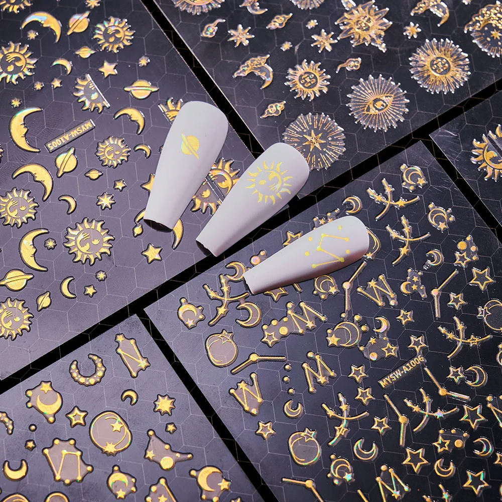 

6Pcs/Lot Gold Moon Star Sun 3D Nail Stickers,thin Self-Adhesive Decals Nail Art Decorations, 5-Color Manicure Nails Stickers #&a