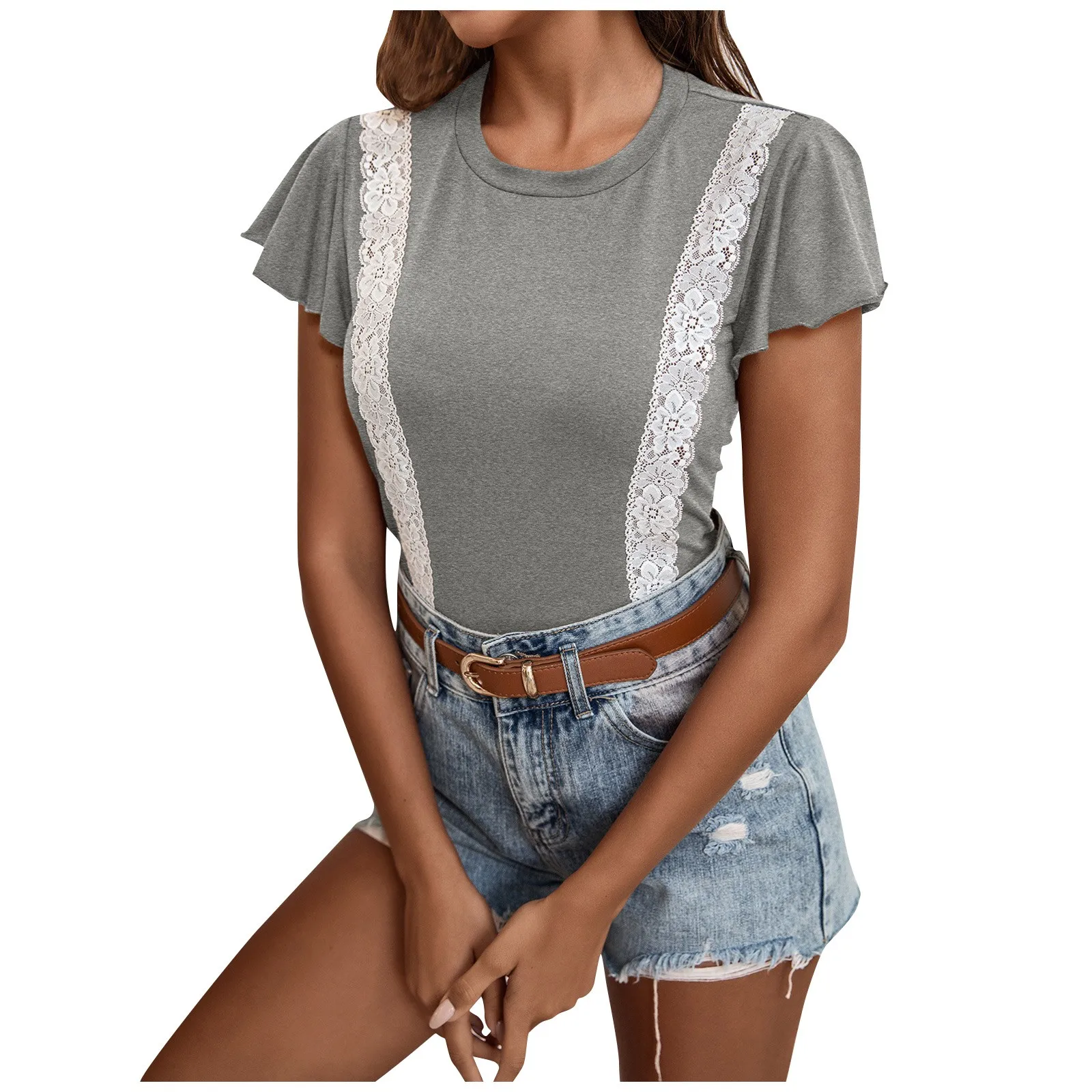 

Женский свободный пуловер с круглым вырезом, кружевная блузка с коротким рукавом, лето 2022