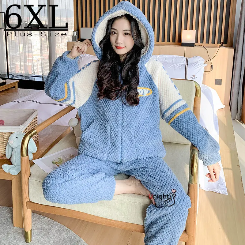 

2022 NEW Warm Winter Soft Fleece Winter Women Plaid Plush Pajamas Set Two-piece Plus Size Home Clothes 6XL Korean Style Pajamas