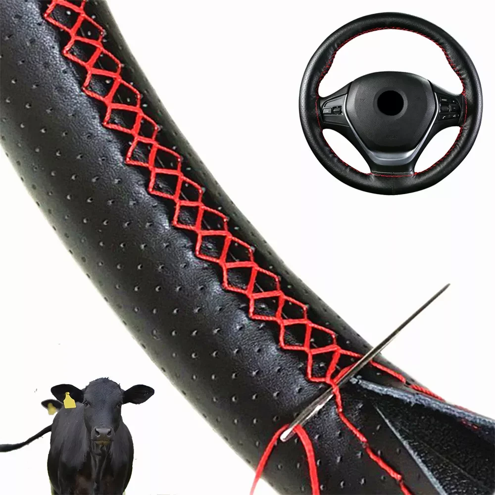 

car stickerBraiding Cover For Steering Wheel Steering Wheel Cover Leather Braid For Car Steering Wheel Case Interior Parts Car A