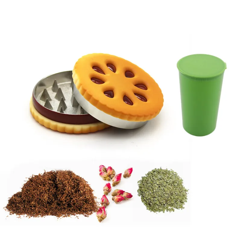 

Newest 55mm Biscuit Metal Weed Grinder Set With Plastic childproof Squeeze lid 60ml Storage Herbal Spice jar Tobacco Accessories