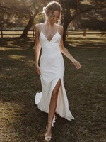 vintage sleeveless backless spaghetti straps wedding dress beach country soft satin bride gown robe de mari%c3%a9e split wedding gown