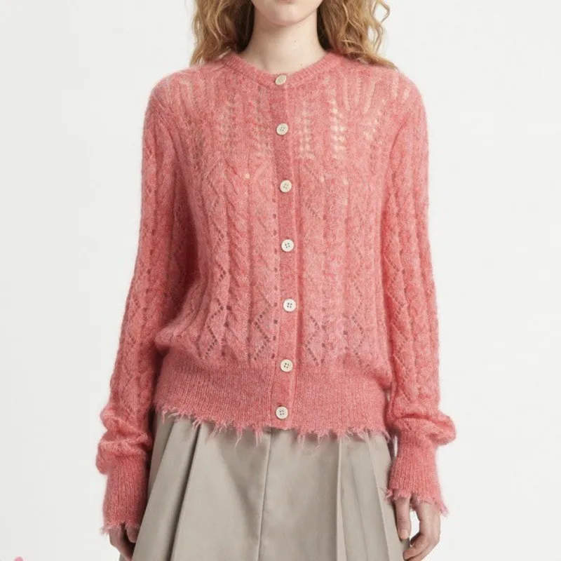 

Женский трикотажный однобортный Кардиган, ажурный вязаный свитер с крученым узором и круглым вырезом, весна 2023