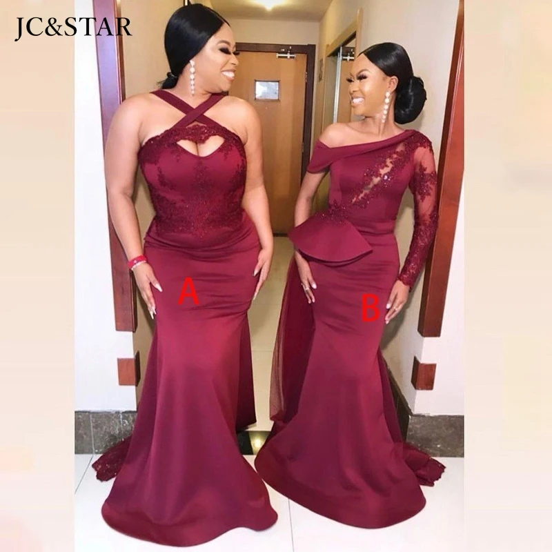 Платье подружки невесты бордового цвета атласное кружевное платье-Русалка с