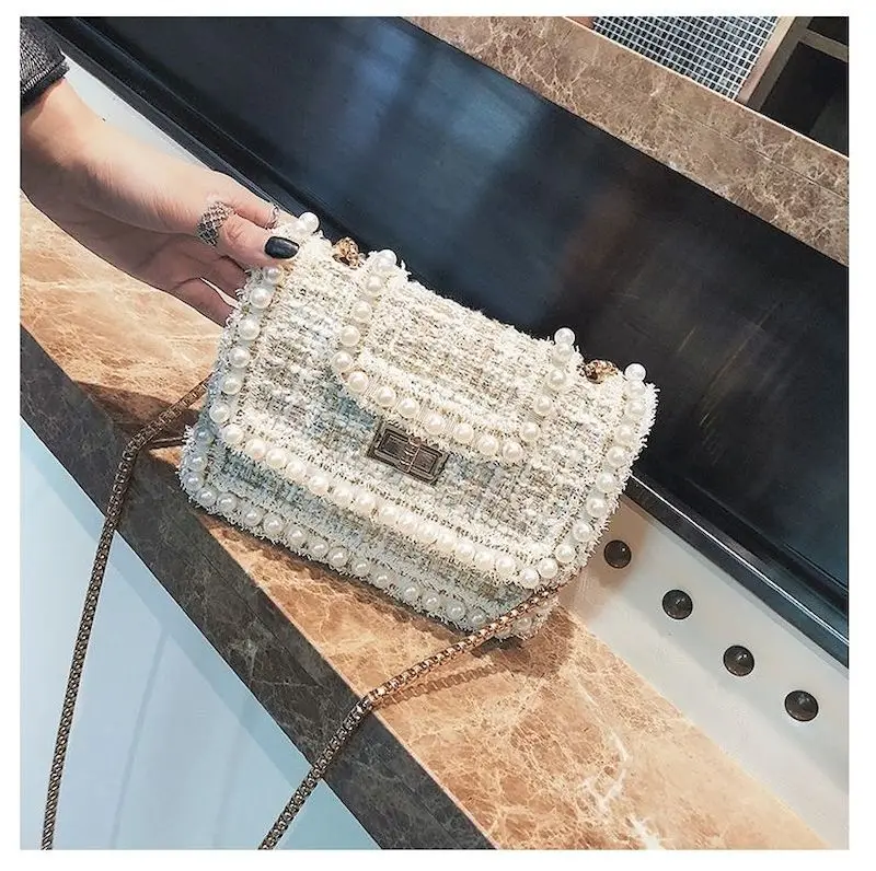 Модная роскошная женская сумка плюшевая дизайнерская с жемчугом через плечо