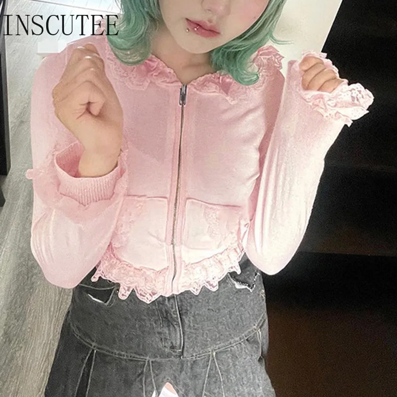 

INSCUTEE Pastel Goth Pink Jacket Women Aesthetic Hotsweet Y2k Cute Lace Patchwork Long Sleeve Hooded Coats Soft Grunge Clothes