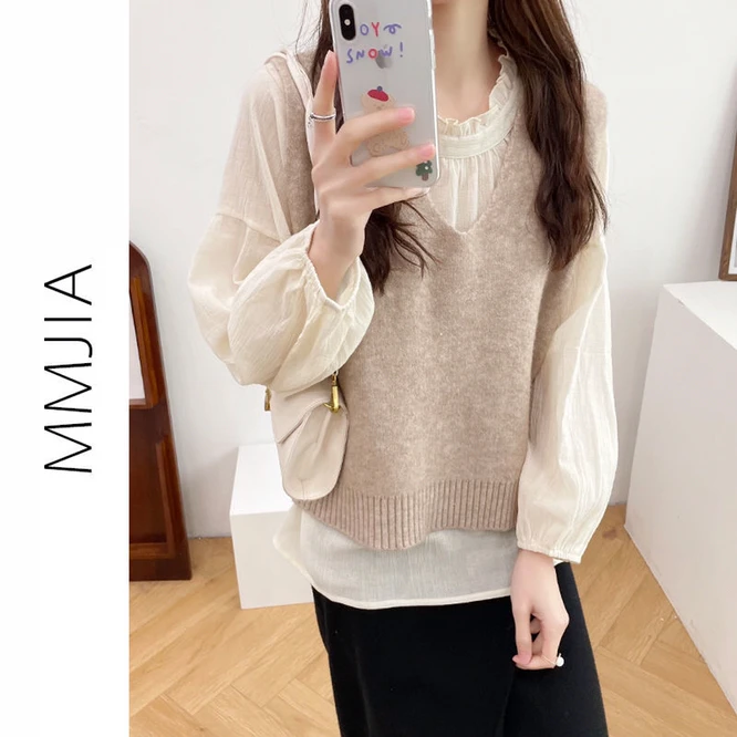 

Весна-Осень 2022, вязаный жилет с V-образным вырезом, свободный женский универсальный топ, одежда для девушек, для колледжа, для отдыха, для улицы, для студентов, бежевый