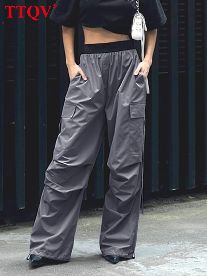 

TTQV Casual Loose Gray Cargo Pants Women 2023 Fashion Patchwork Full Length Pants Vintage Multiple Pockets Trousers Streetwear