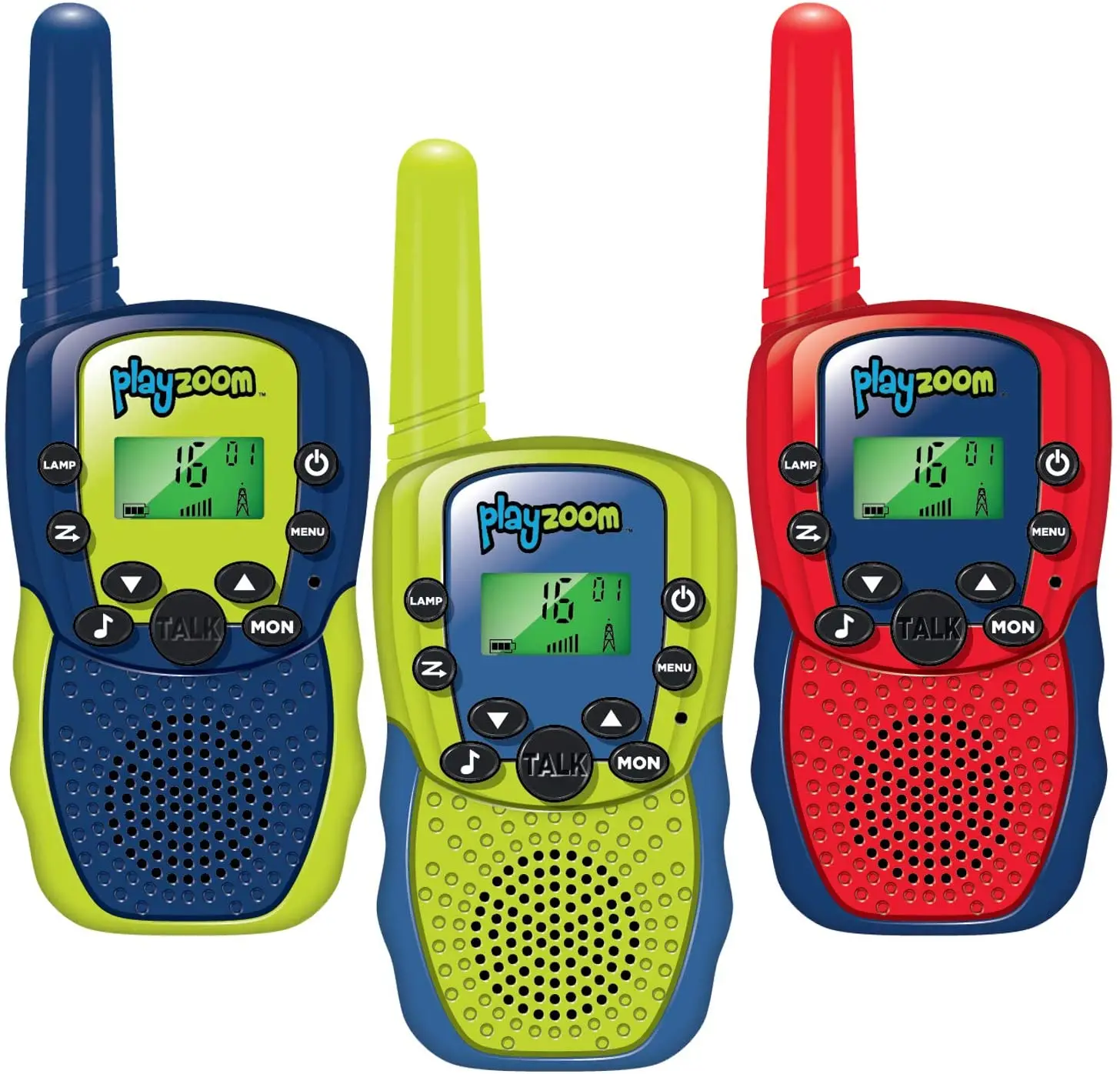 

PlayZoom 3 Pack Walkie Talkies: 3 Mile Range, Built-in Flashlight, Headphone Jack, and Belt Clip. Birthday Gift for Boys and