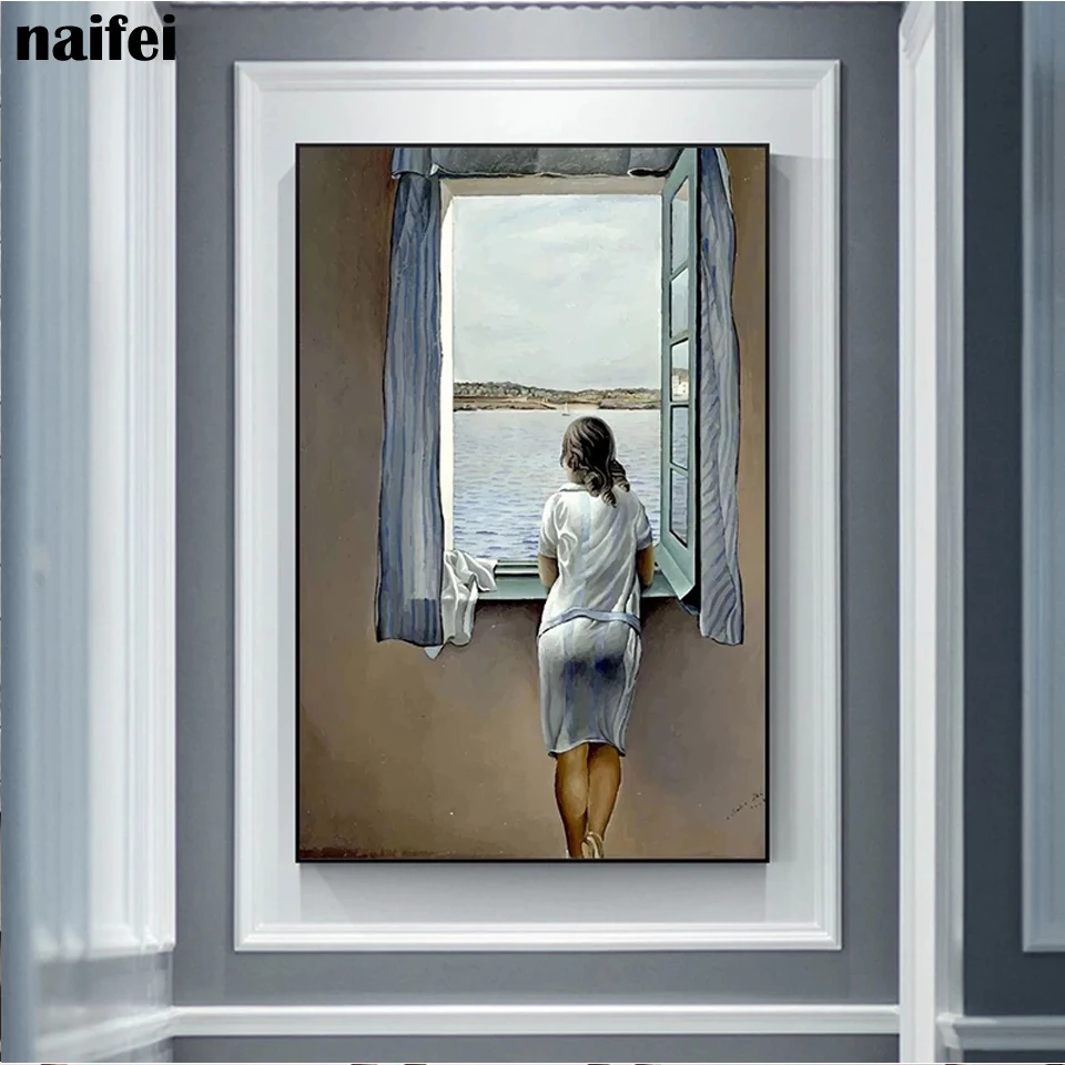 Алмазная 5D Вышивка Сальвадора Дали «Женщина у окна», мозаичная Настенная картина «сделай сам», полноразмерная круглая алмазная живопись, домашний декор