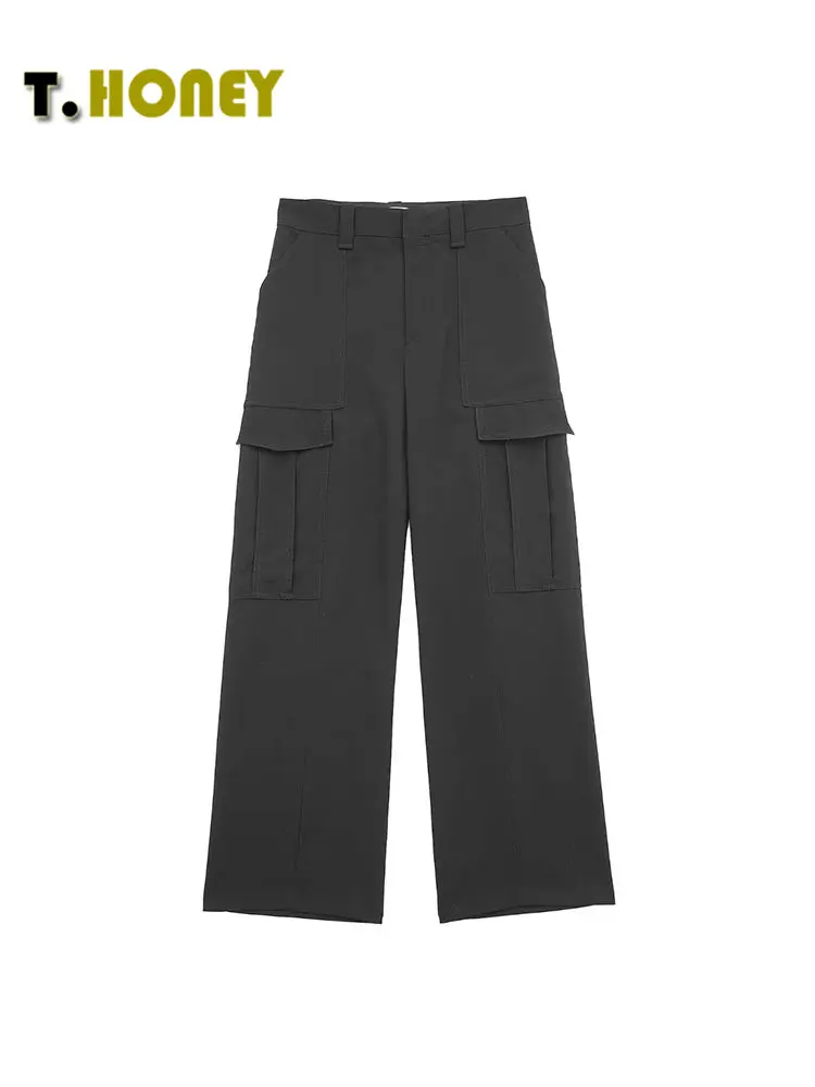 

Женские модные однотонные брюки TELLHONEY на молнии спереди с карманами, женские повседневные Прямые парашютные брюки с заниженной талией