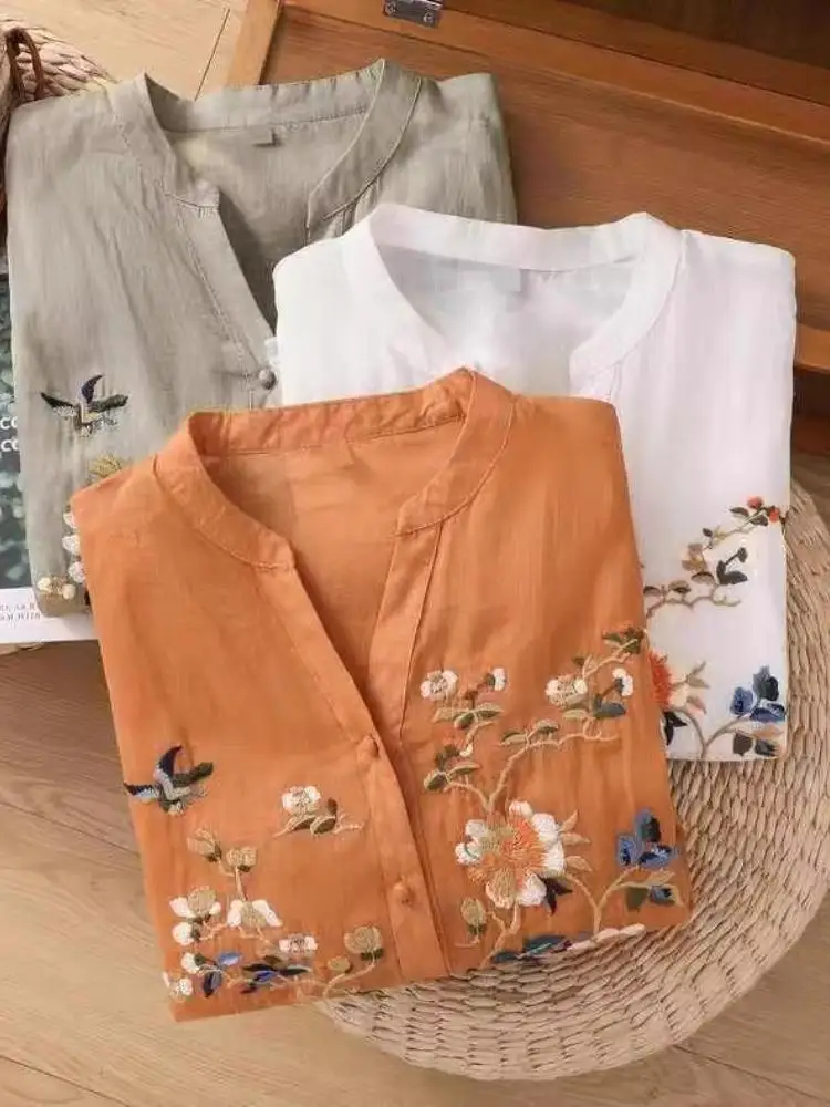 Топ из хлопка и льна для женщин Новинка лета 2023 кардиган с вышивкой рубашка новая