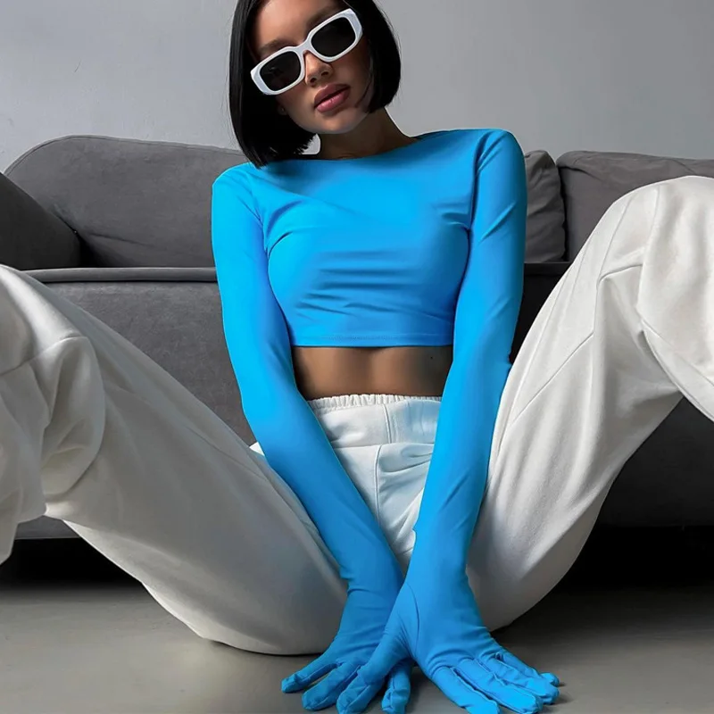 

Streetwear Fashion Long Sleeve O Neck Skinny T Shirt with Gloves Y2K Summer Tees Women Sexy Crop Top Club Party Goth T Shirts