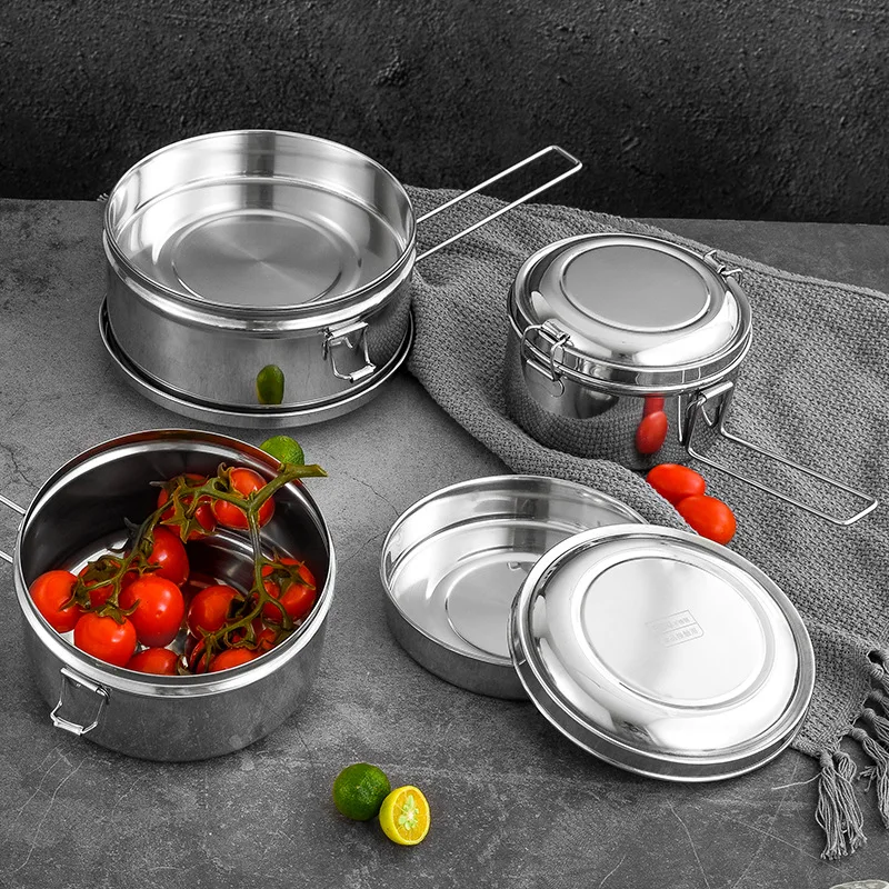 

Stainless Steel Double Layer Lunch Box Detachable Portable Round Bento Box Sealed Food Storage Insulation Container Organizer