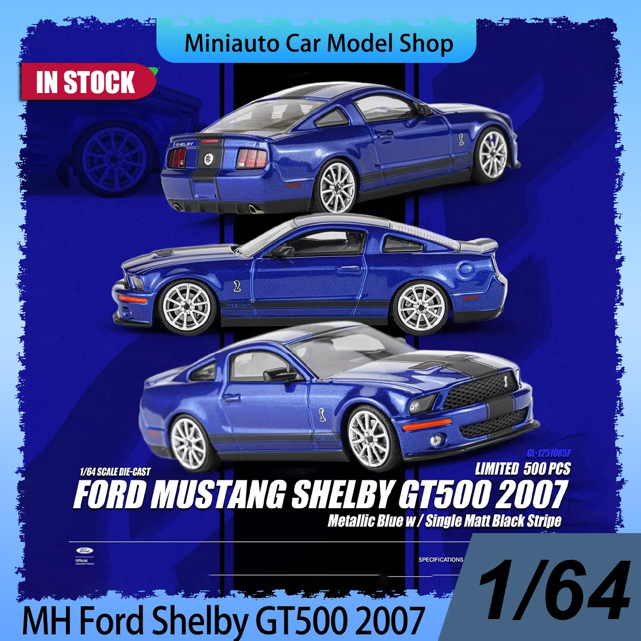 Фото MH 1:64 Ford Mustang Shelby GT500 2007 Миниатюрная литая модель автомобиля из сплава для коллекционеров и любителей хобби В НАЛИЧИИ №1