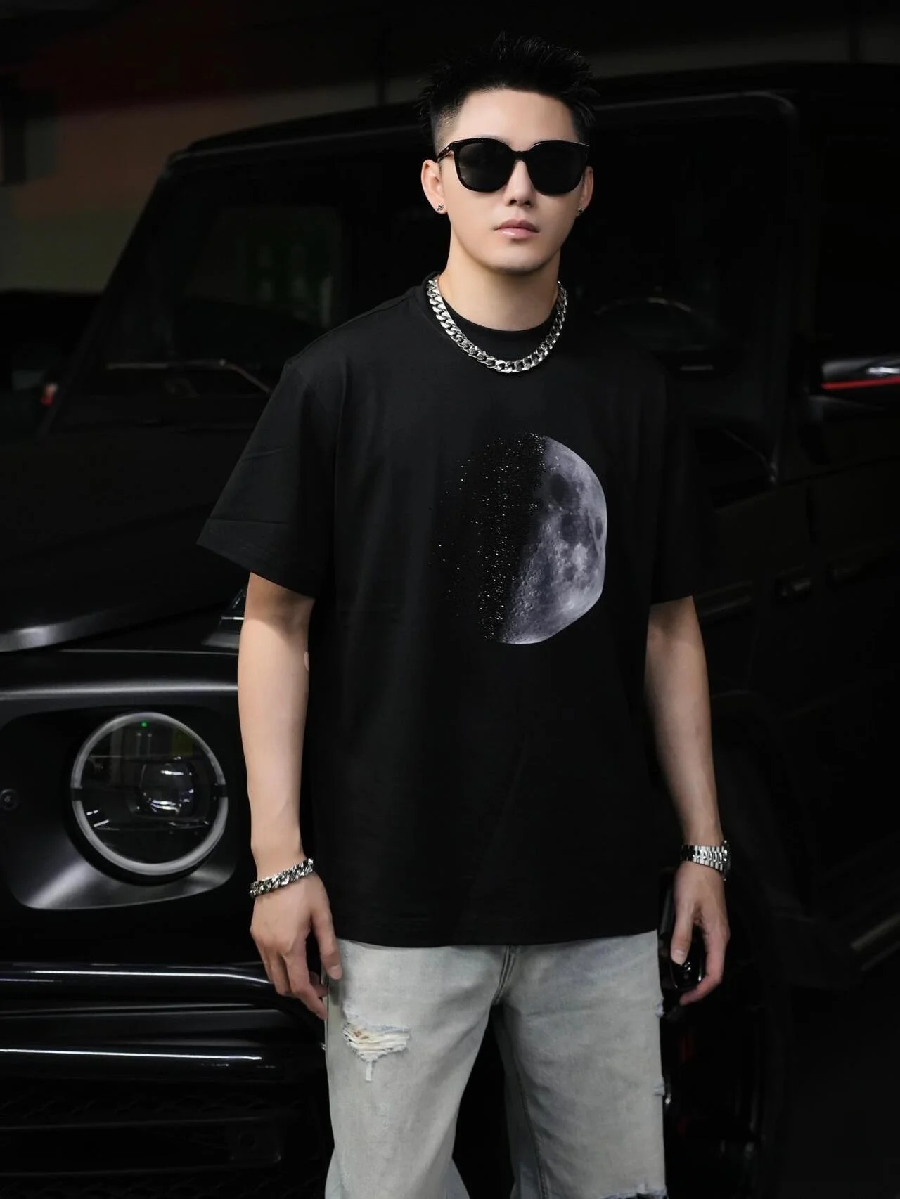 Высококачественная мужская футболка Entry Lux Moon Surface со стразами дышащая красивая с