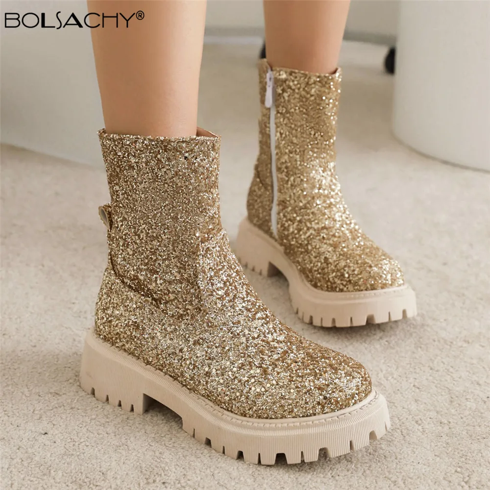 Women Chelsea Boots Shiny Sequined Cloth 2022 Autumn Winter Trend Thick-soled Women Ankle Boots All-match Marton Boots Ladies