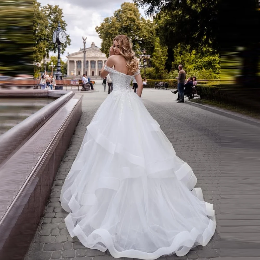 Фото 2025 с открытыми плечами, женские свадебные платья трапециевидной формы, современные кружевные аппликации, платья невесты, бальное платье принцессы, Novia Boda, по индивидуальному заказу №2
