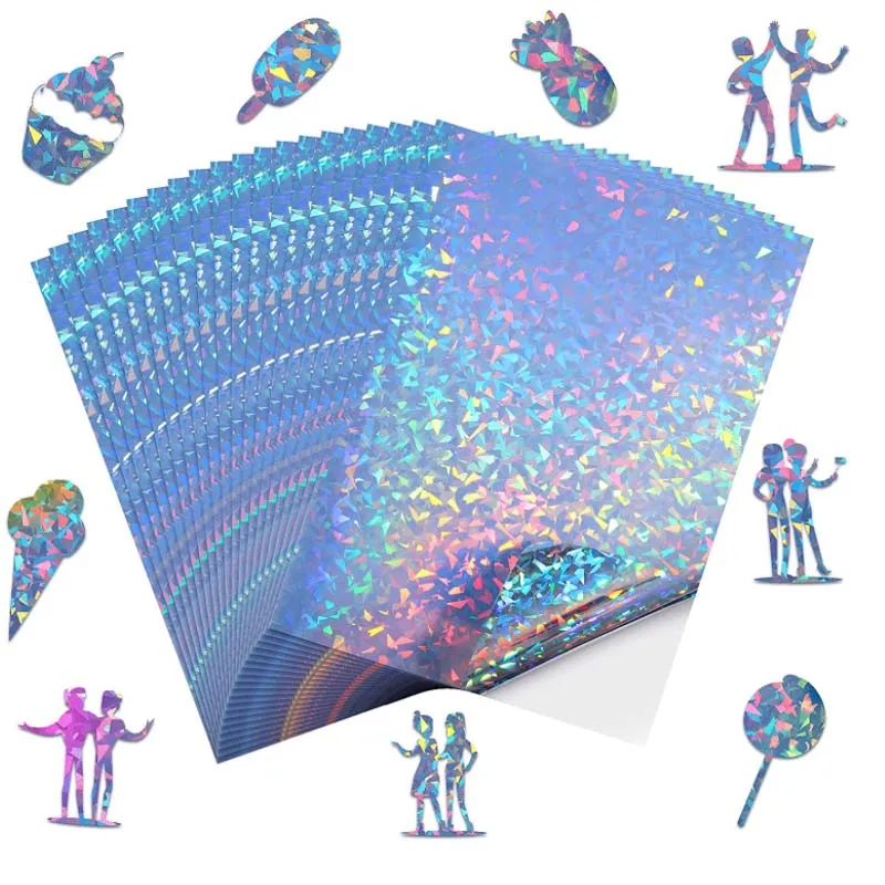 50 Sheets Holographic Paper A4 Vinyl Sticker Printable Label Self Adhesive Paper Sticker Waterproof Laser Color for Inkjet Print