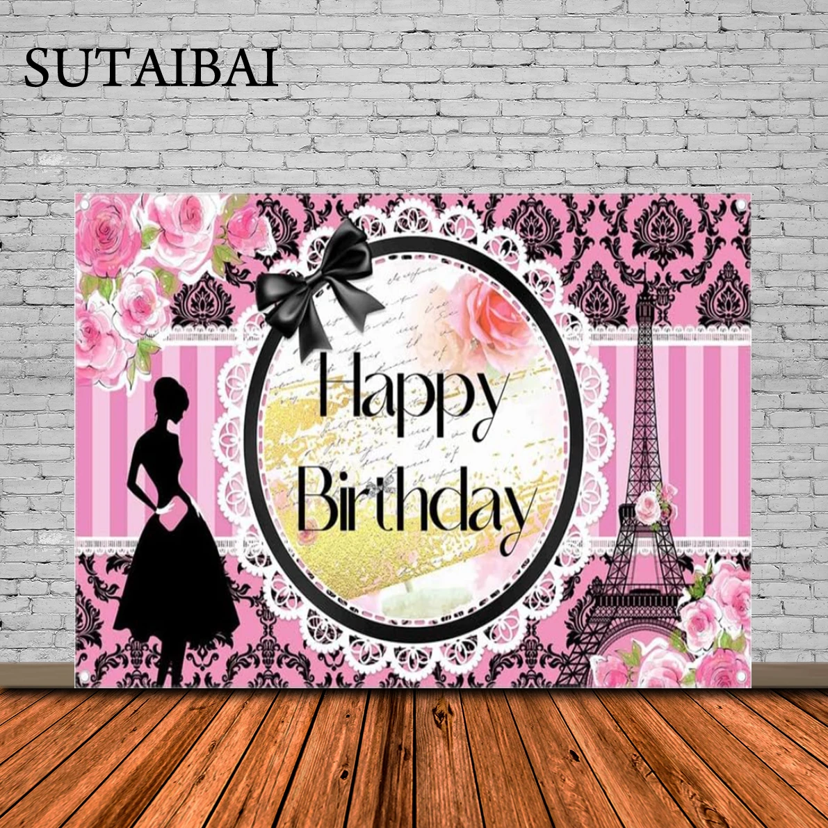 

Paris Birthday Backdrop Eiffel Tower Sweet Pink Stripes Photography Background Rose Girl Banner Party Baby Shower Decorations