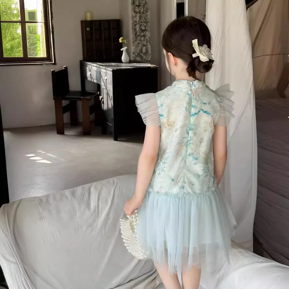 Платье для девочек Новинка лета 2024 китайское газовое платье без рукавов с