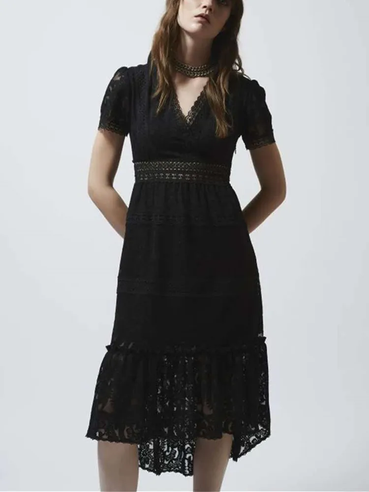 

Women Lace Hollow out Midi dress Short Sleeve Elegant V-neck Robe Spring Summer new