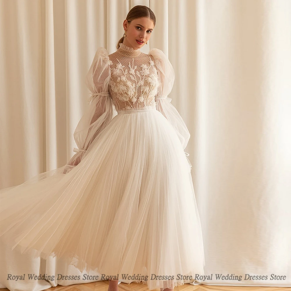 

A Line Wedding Dresses Print Lace Embroidery Applique Tulle Puff Sleeve Draped Applique Floor Length Print Gowns Robe De Ma