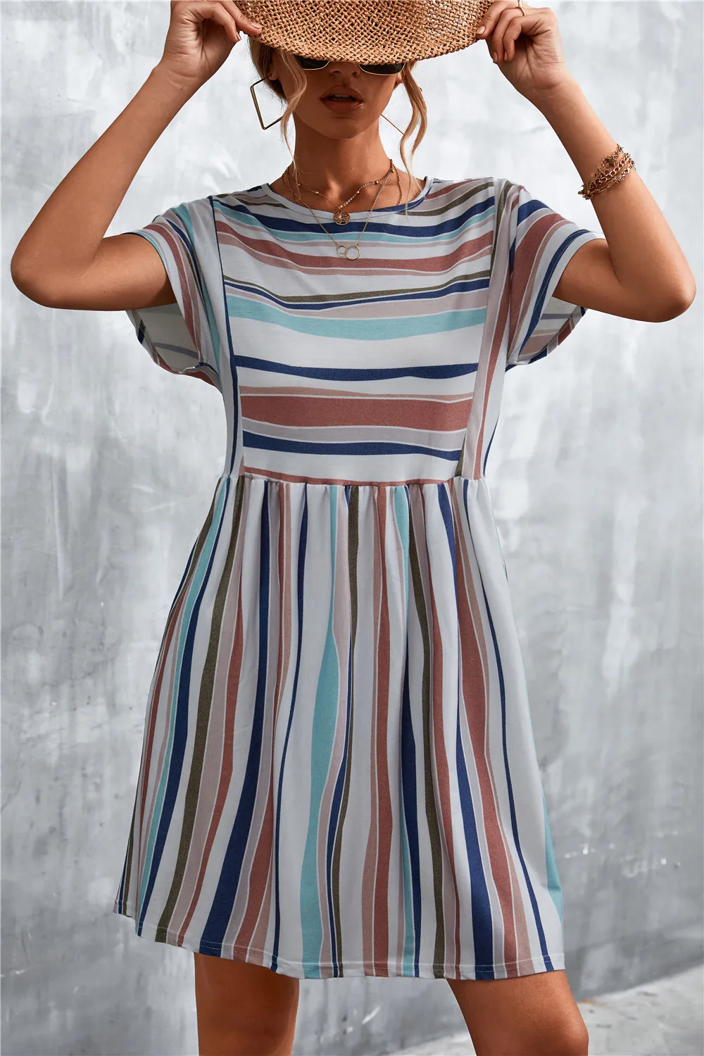 

TSACTE Women's Striped Batwing Sleeve Round Neck A Line Short Smock Dress Elegant Short Sleeve Wear to Work Casual Dress