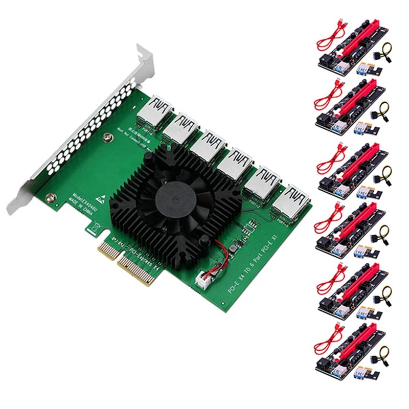 

PCIE 1 to 6 PCI Express VER009S Riser Card Adapter PCI-E Slot 4X to 6X USB 3.0 Riser SATA to 6Pin Power for Miner Mining