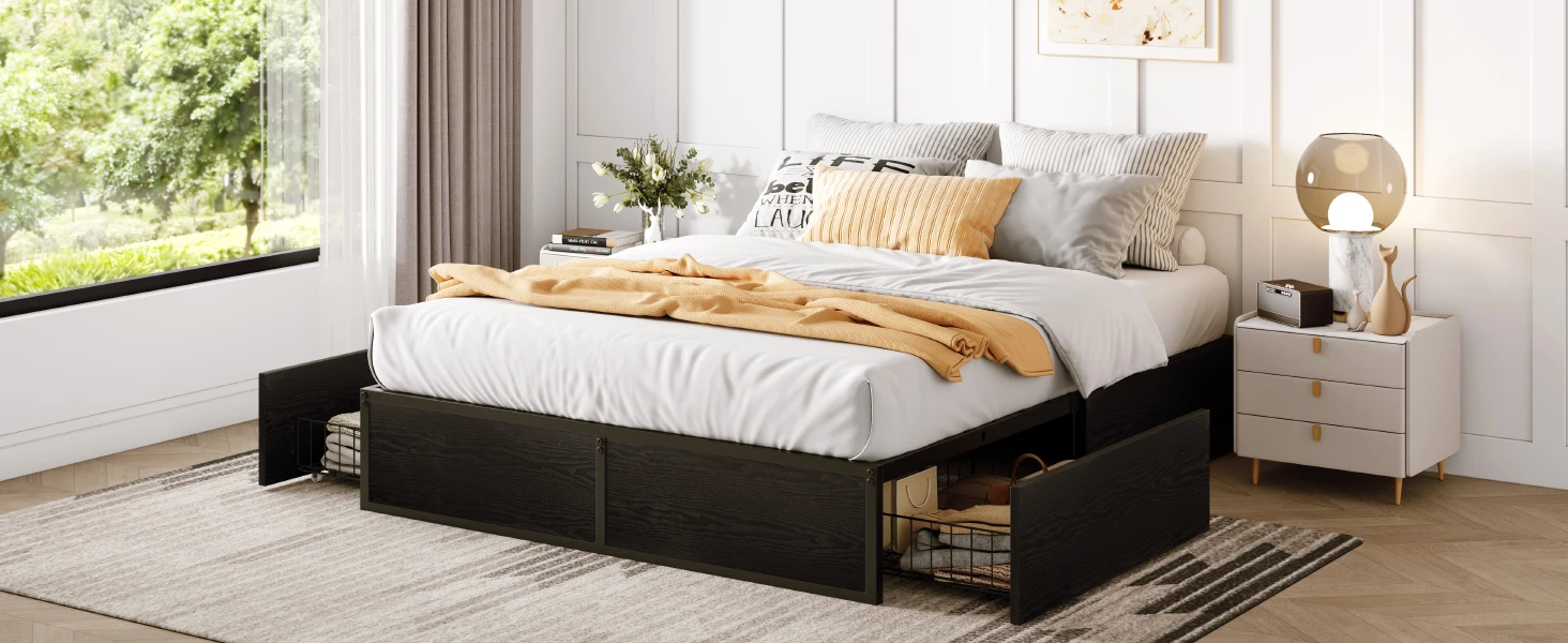 platform queen bed frame with storage drawer