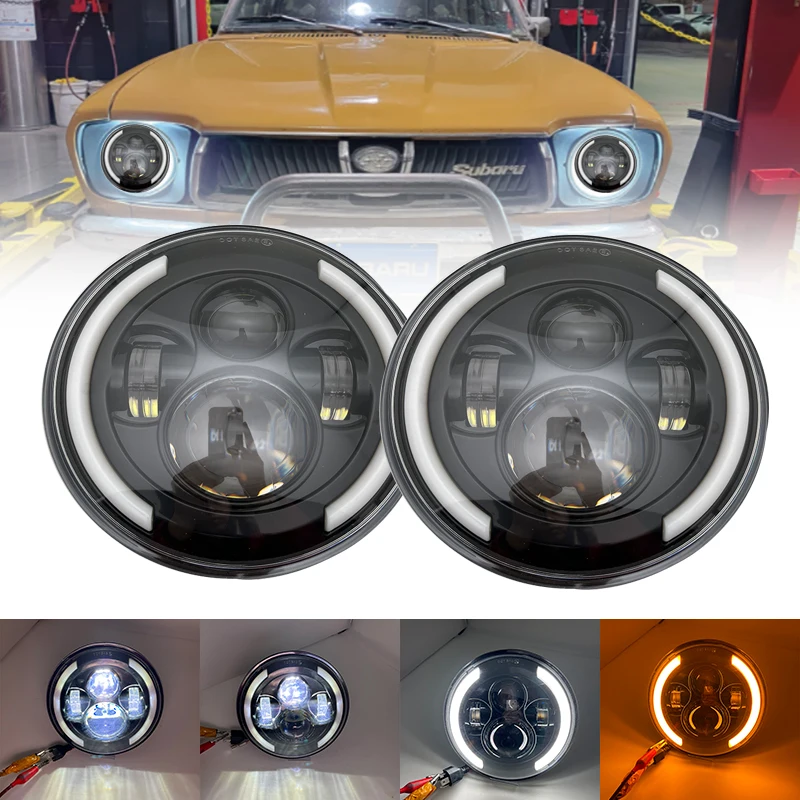 

7inch LED Headlights High Low Beam LED H4 Halo Angel Eye DRL Amber Turn Signal for Jeep Wrangler JK TJ Land Rover Defender