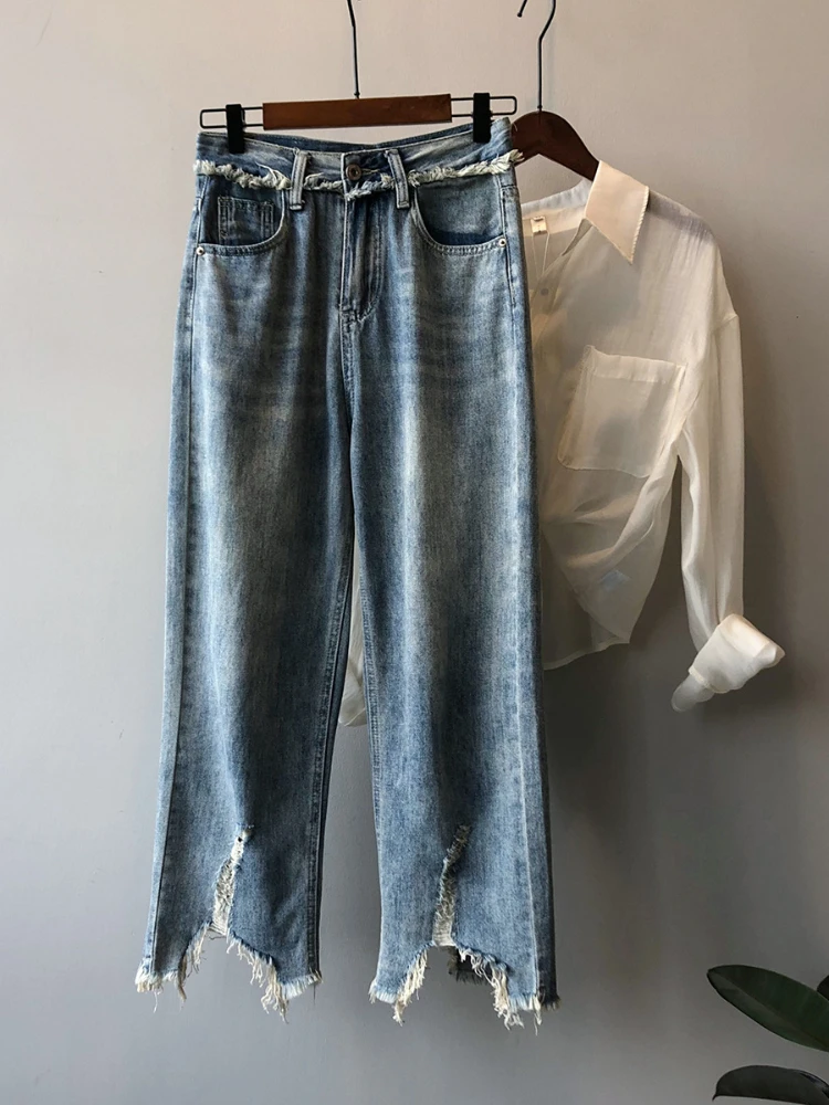 

Retro High-waisted Raw Edge Jeans Women's 2022 Autumn New Loose and Thin Tassel Nine-point Pants Fashion