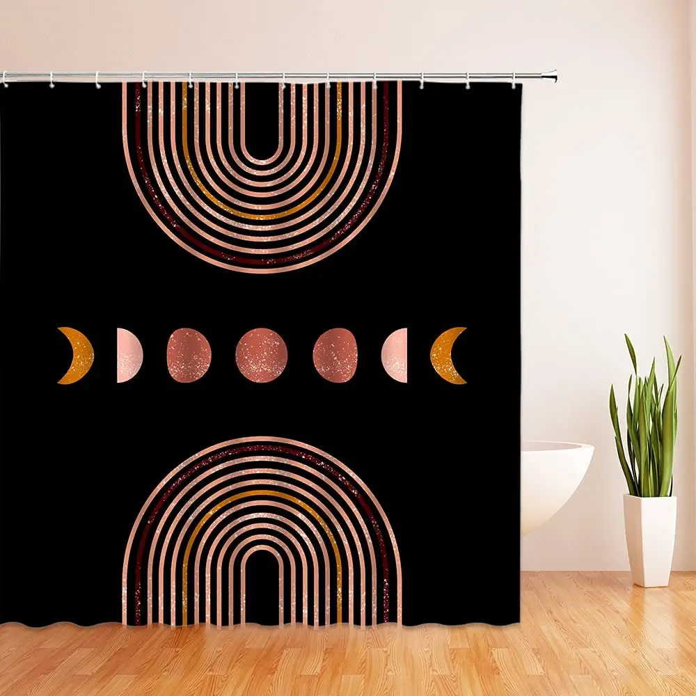 

Abstract Mid Century Shower Curtain Arch Sun Moon Minimalist Geometric Curve Stripes Semicircle Modern Fabric Bath Curtain Hook